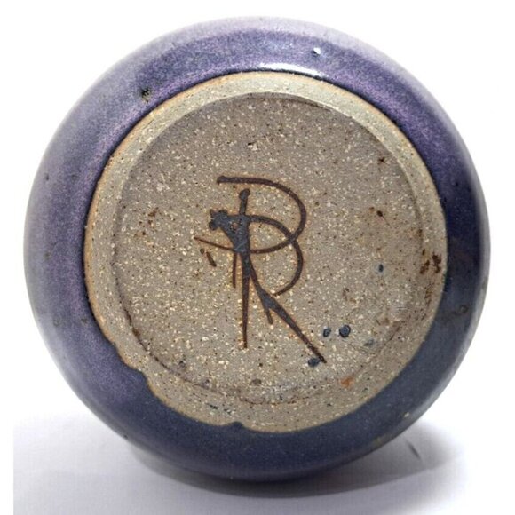 Blue Purple Glazed Rimmed Round Pottery Planter 5" Diameter 4.25" Height Signed - Picture 2 of 6